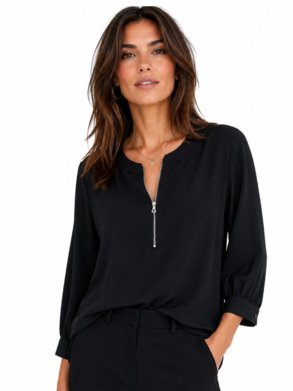 L'AGENCE Black Zip Neck Blouse 3/4 Sleeve Fluid Top Size 4 Designer
